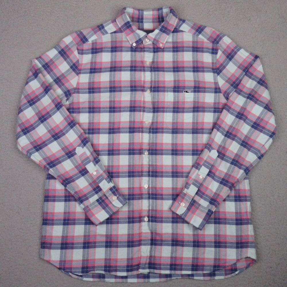Vineyard Vines Shirt Mens Large Blue Plaid Island Twill Linen Blend Button Down